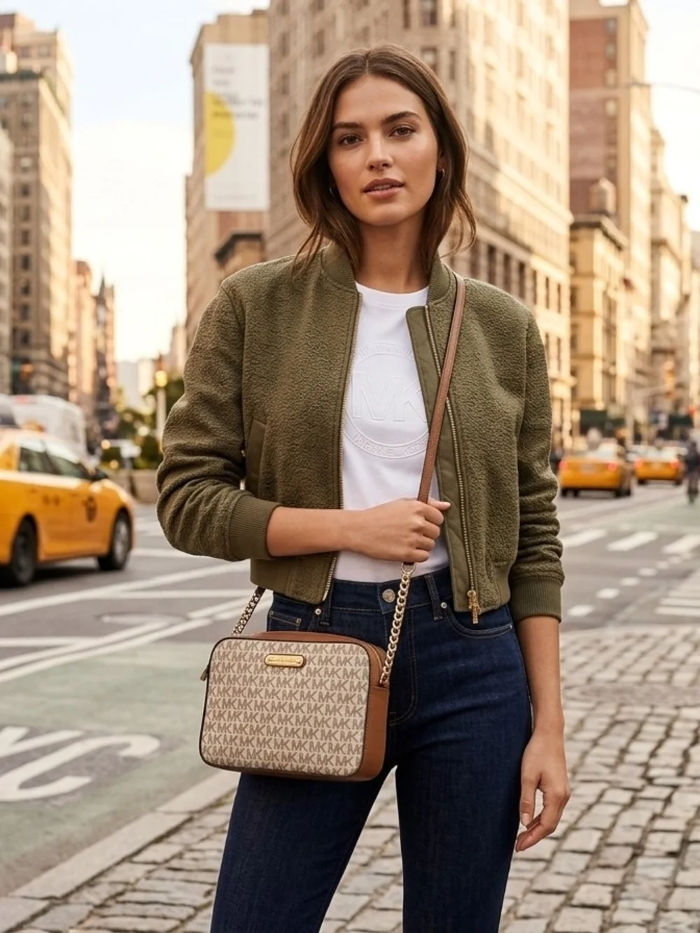 Michael Kors Beige and Brown MK Logo Messenger Bag